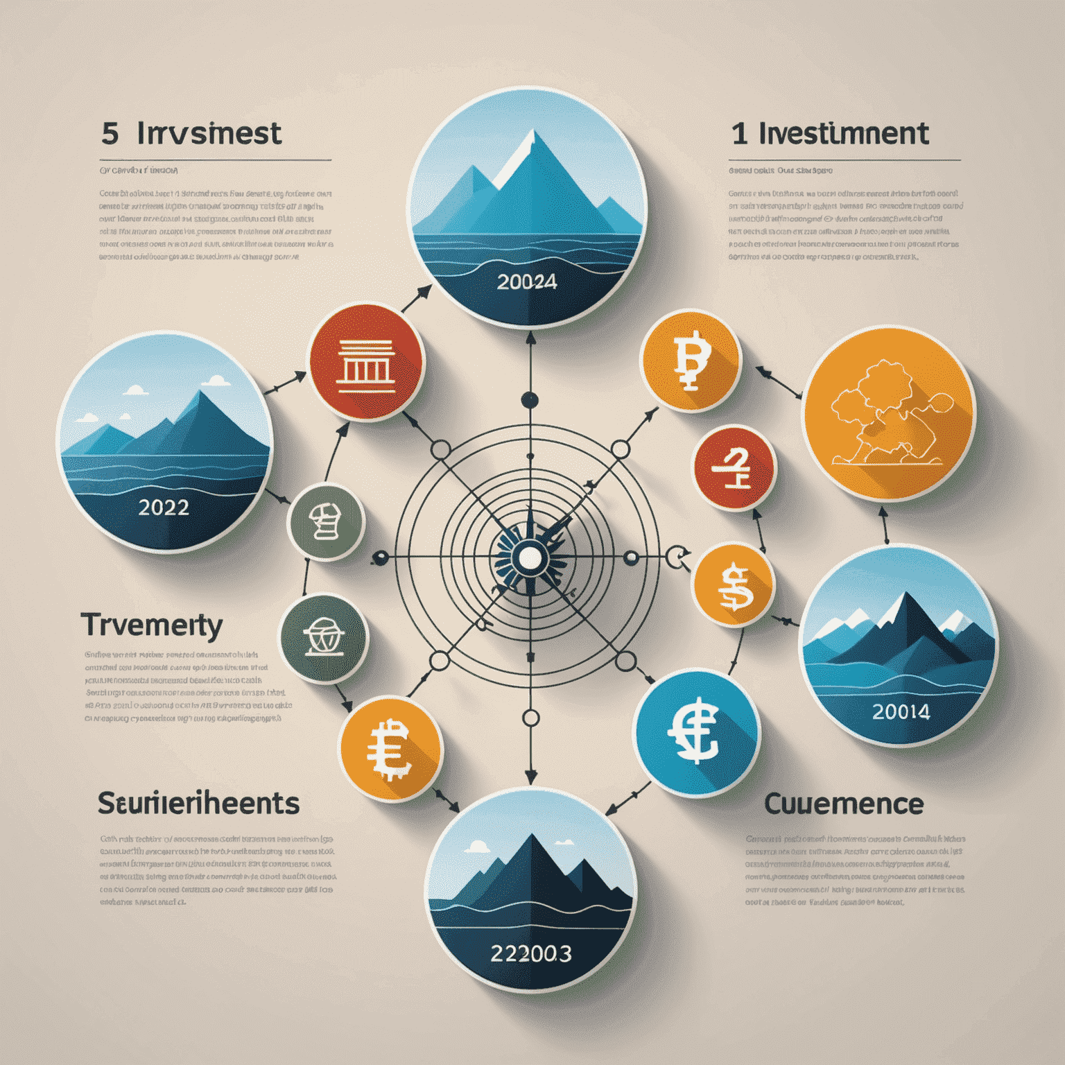 תרשים המציג 5 אסטרטגיות השקעה מובילות לשנת 2024, כולל גרפים וסמלים של מטבעות שונים
