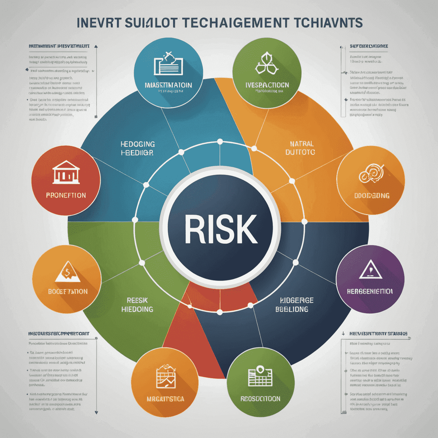 תרשים המציג טכניקות שונות לניהול סיכונים, כולל פיזור השקעות, הגנה מפני ירידות ואסטרטגיות גידור